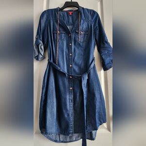 Denim Button-Front Shirt Dress with Tie Waist and Chain Detail